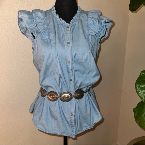 LC Lauren Conrad Women’s 100% Cotton Denim Sleeveless Ruffle Blouse Size: Large - Picture 10 of 12